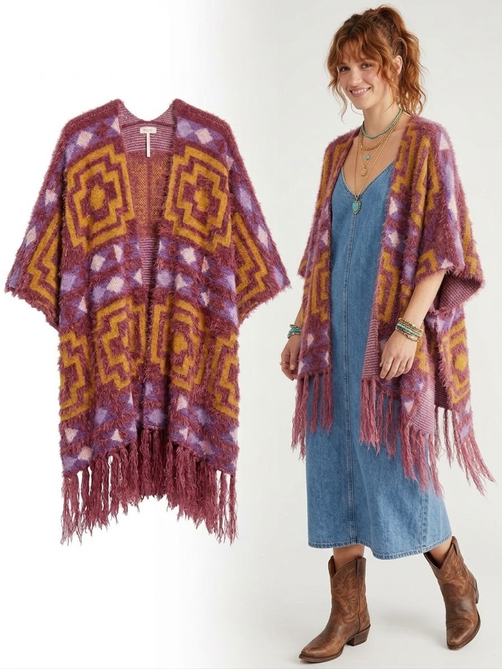 Free People $88 NWT P2P 26-33” Diamondback Cozy Kimono Poncho Cardigan OS